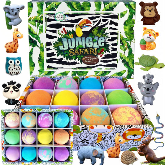 Bath Bombs for Kids with Surprise Inside, 12 Organic Bubble Bath Fizzies with Jungle Animal Toys. Moisturizing, Gentle and Kids Safe, Rainbow Spa Bath Fizz, Stocking Stuffers, Christmas Gift for Kids