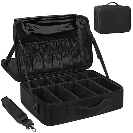 16.5'' Large Capacity Makeup Case 3 Layers Cosmetic Organizer Brush Bag Makeup Train Case Makeup Artist Box for Hair Curler Hair Straightener Brush Set and Cosmetics